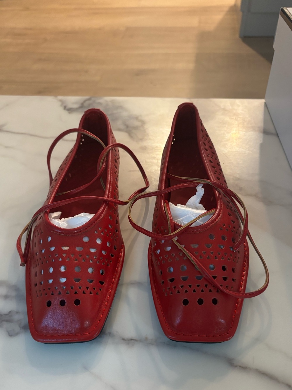 Red Laser-Cut Pointed Toe Lace-Up Ballet Flats